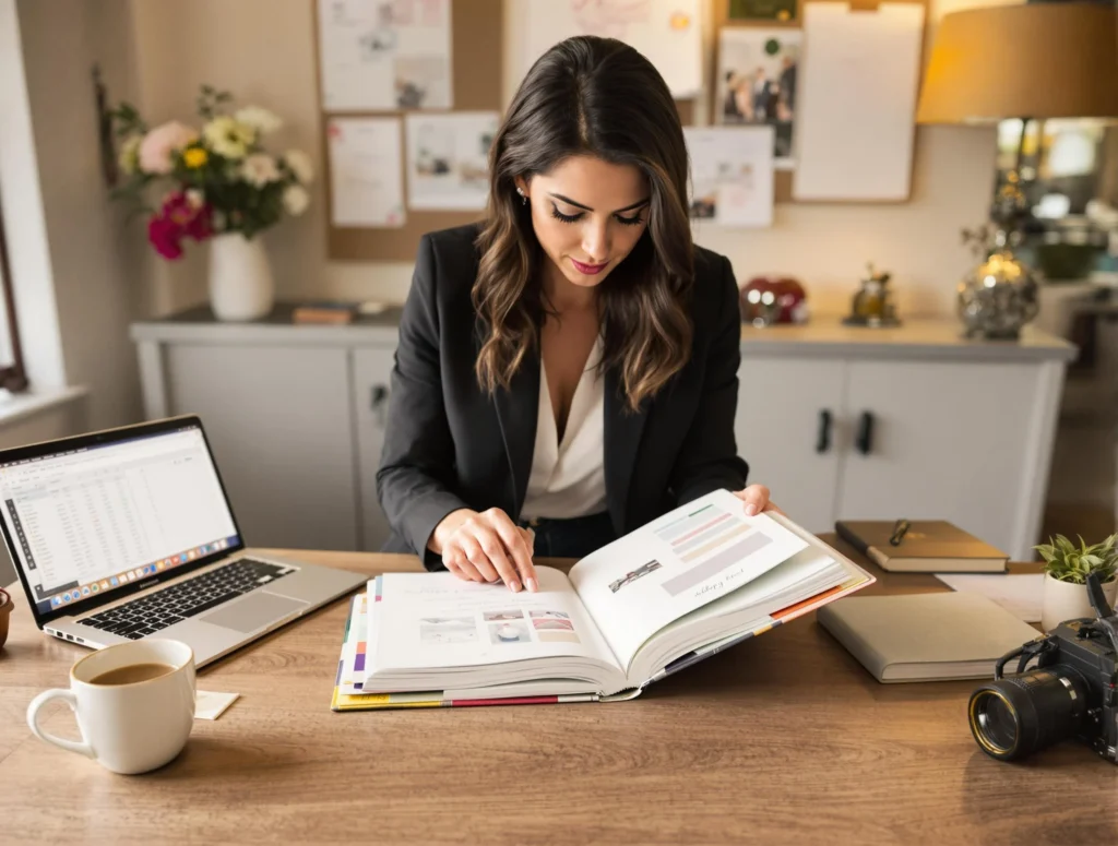 Une wedding planner en train de feuilleter un épais carnet d'adresses, l'air concentré