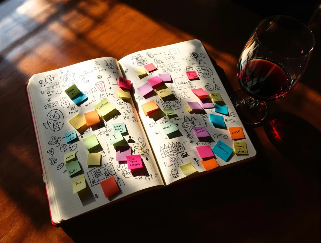 Un carnet ouvert avec des gribouillis, des post-it et un verre de vin à moitié vide