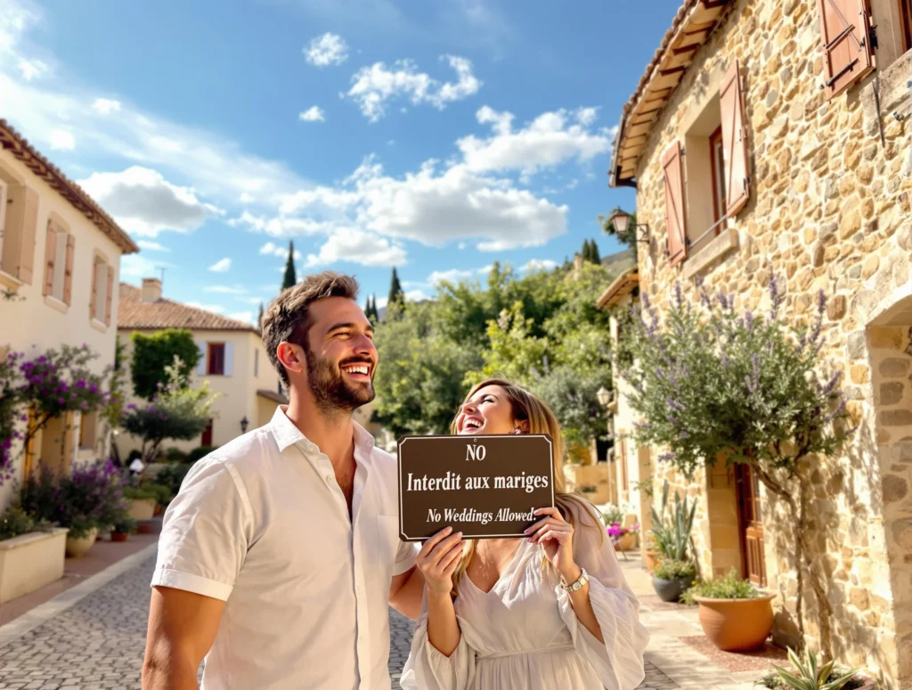 Un couple riant devant un panneau 'Interdit aux mariages' (faux, bien sûr) dans un village provençal