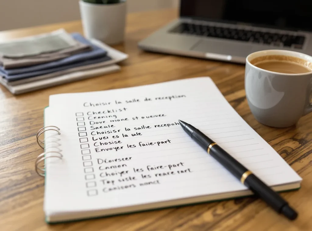 Une checklist barrée de tous côtés, avec un stylo posé dessus et une tasse de café